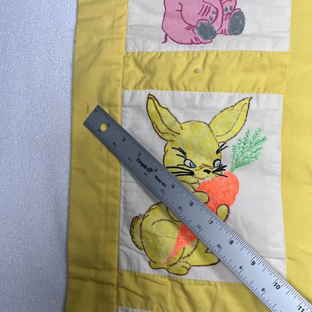 Vintage Handmade Quilt Hand Painted Animals Elephant Tiger Bunny Squirrel Yellow